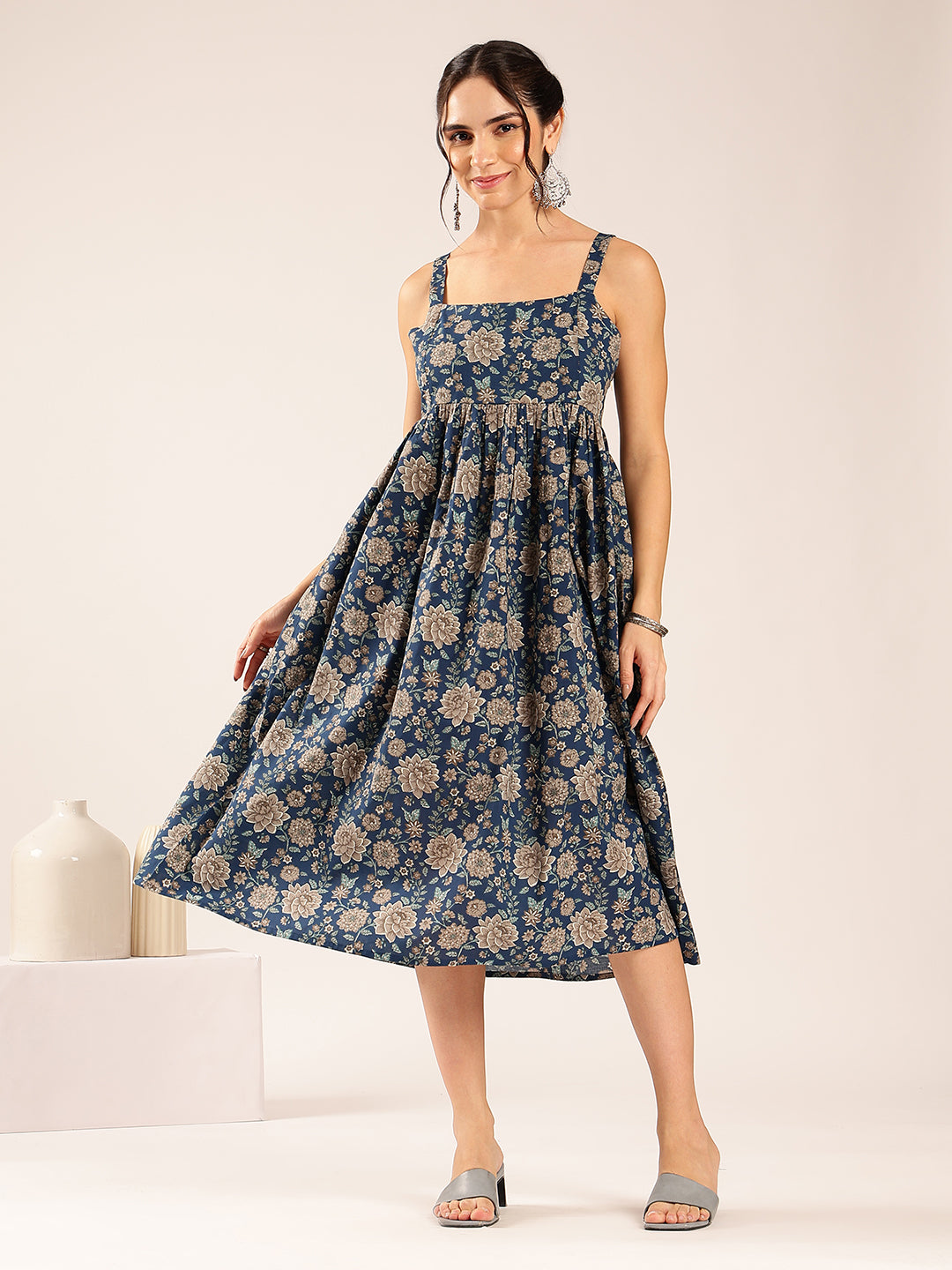 Teal Blue Floral Flared Cotton Stitched Dress