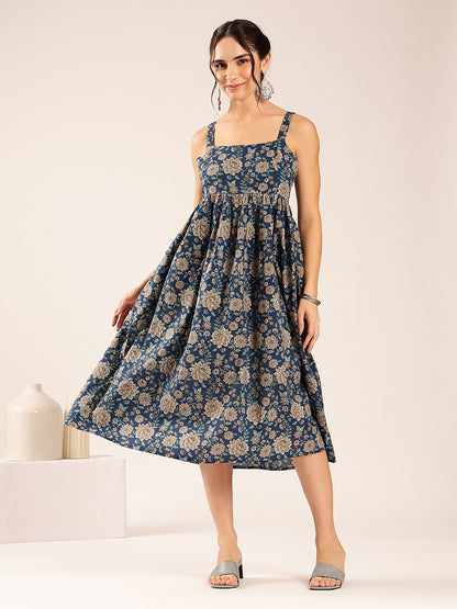 Teal Blue Floral Flared Cotton Stitched Dress