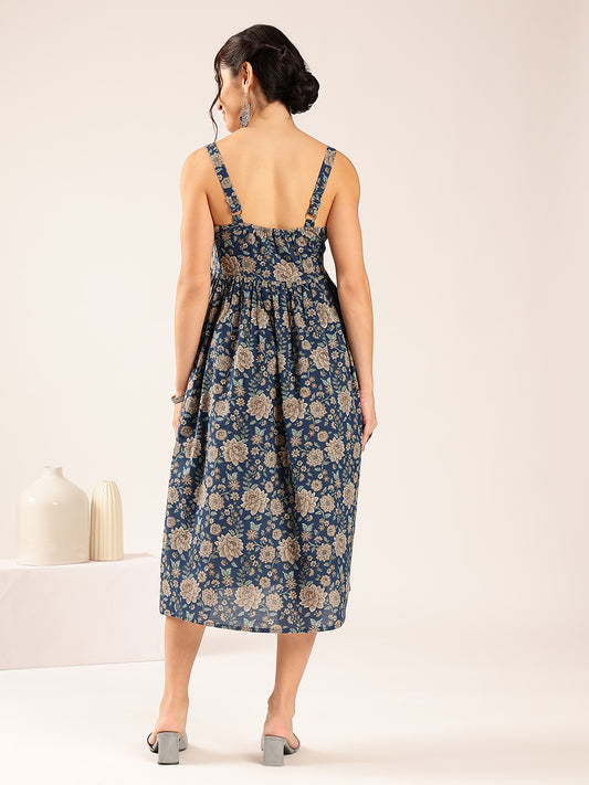 Teal Blue Floral Flared Cotton Stitched Dress