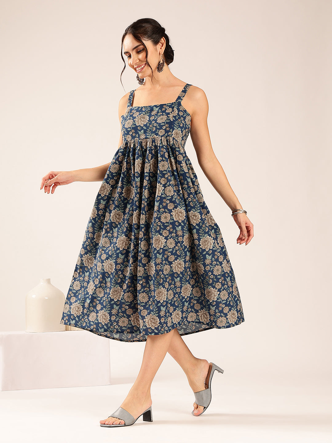 Teal Blue Floral Flared Cotton Stitched Dress