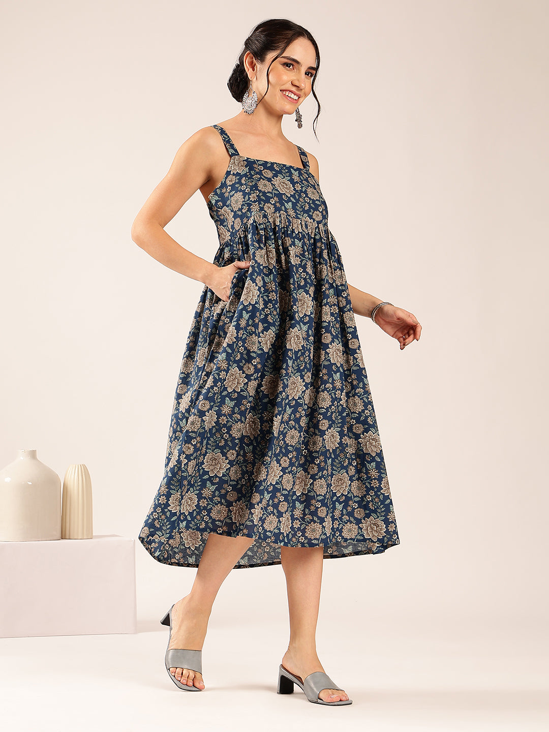 Teal Blue Floral Flared Cotton Stitched Dress