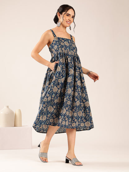 Teal Blue Floral Flared Cotton Stitched Dress