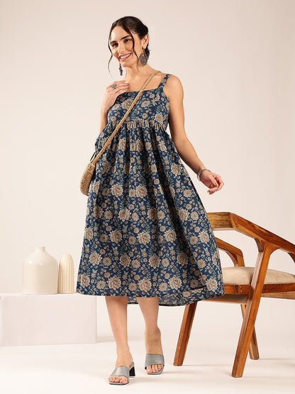 Teal Blue Floral Flared Cotton Stitched Dress