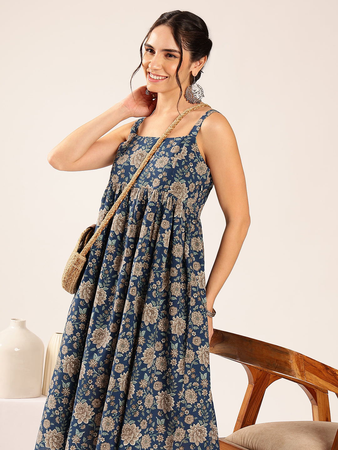 Teal Blue Floral Flared Cotton Stitched Dress