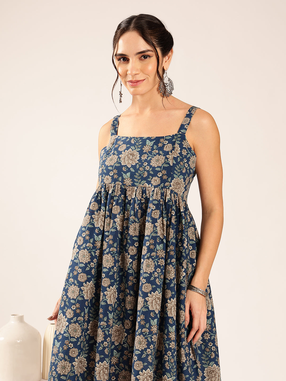 Teal Blue Floral Flared Cotton Stitched Dress