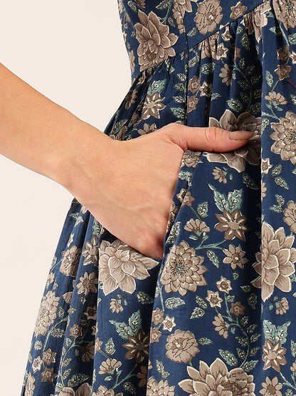 Teal Blue Floral Flared Cotton Stitched Dress