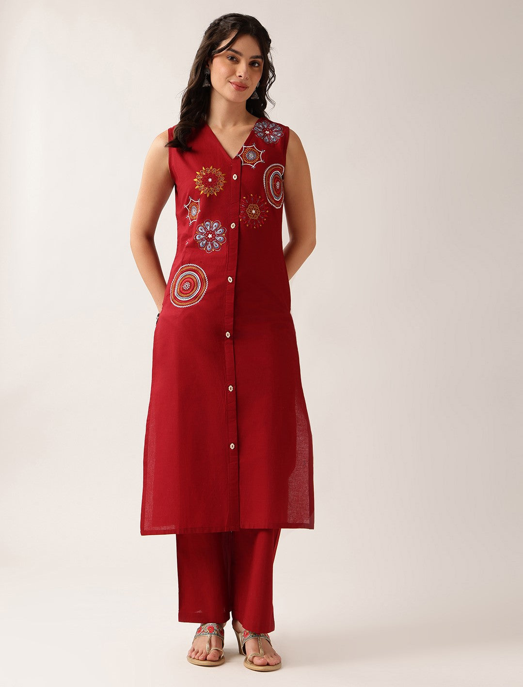Maroon Resham Embroidery Straight Cotton Kurta With Palazzo