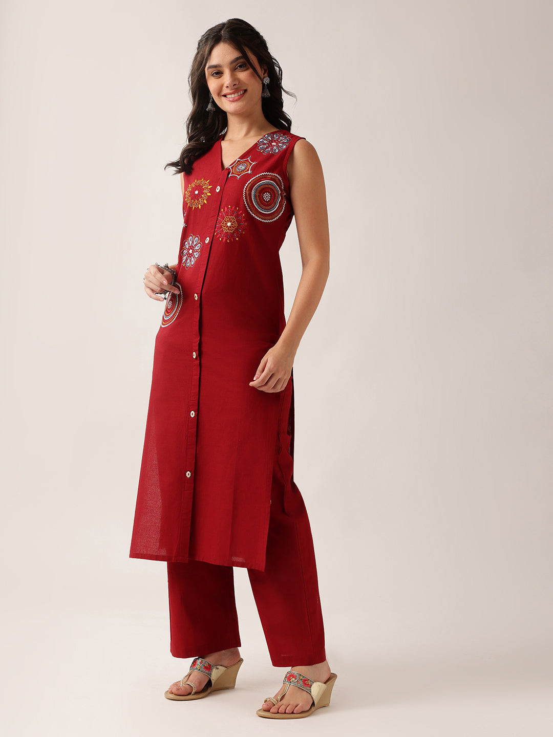 Maroon Resham Embroidery Straight Cotton Kurta With Palazzo