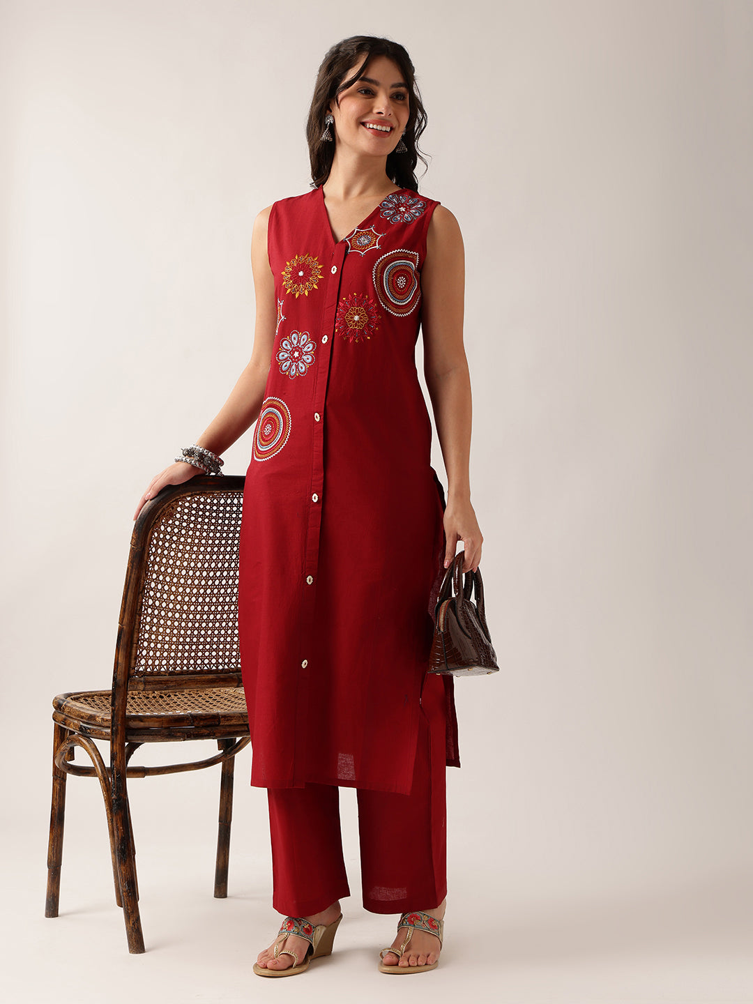 Maroon Resham Embroidery Straight Cotton Kurta With Palazzo