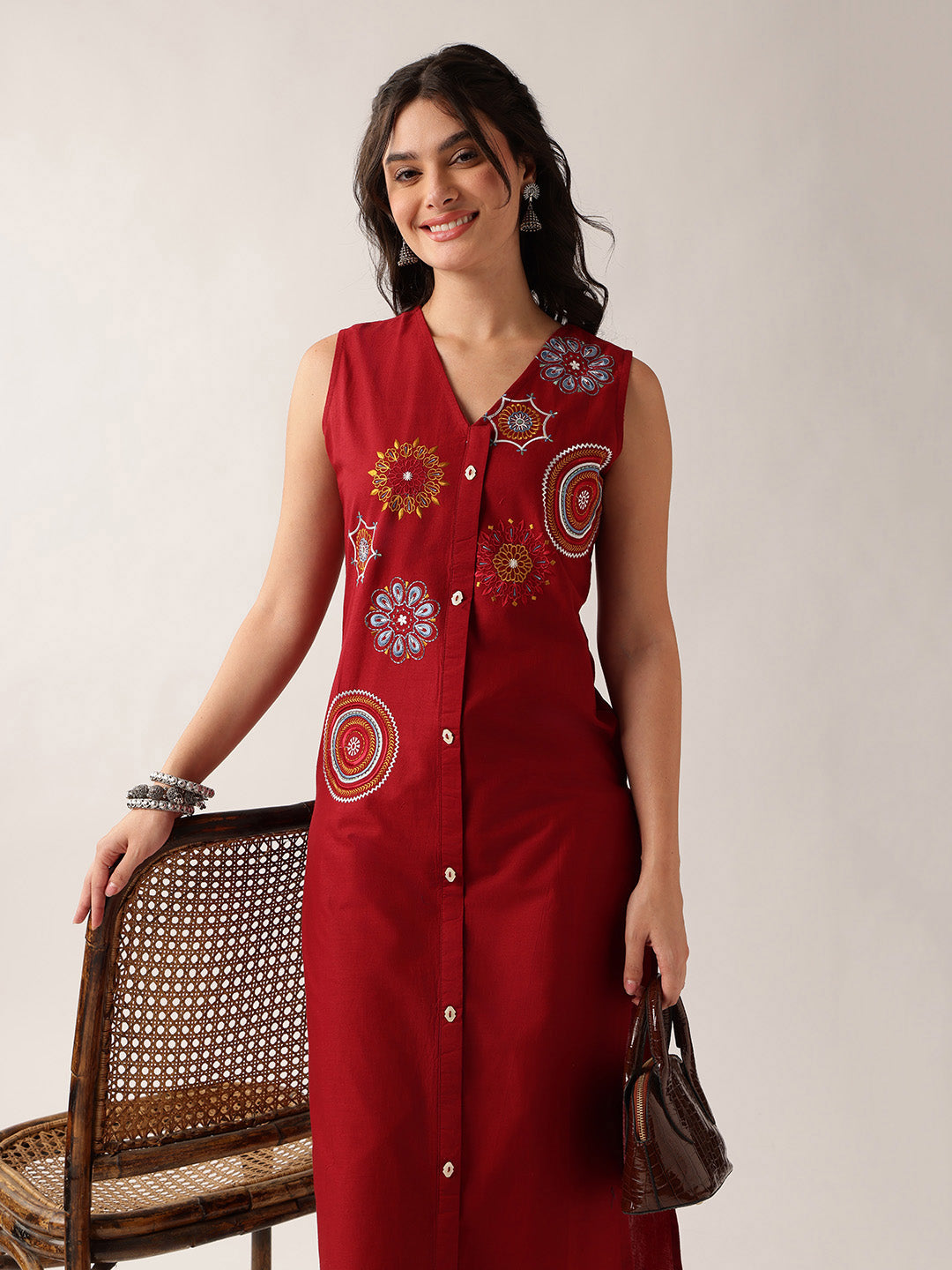 Maroon Resham Embroidery Straight Cotton Kurta With Palazzo