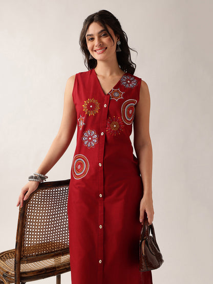 Maroon Resham Embroidery Straight Cotton Kurta With Palazzo