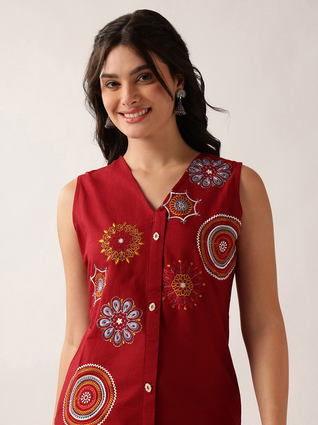 Maroon Resham Embroidery Straight Cotton Kurta With Palazzo