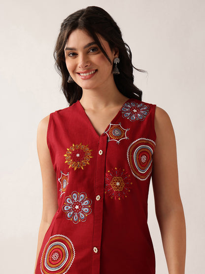 Maroon Resham Embroidery Straight Cotton Kurta With Palazzo