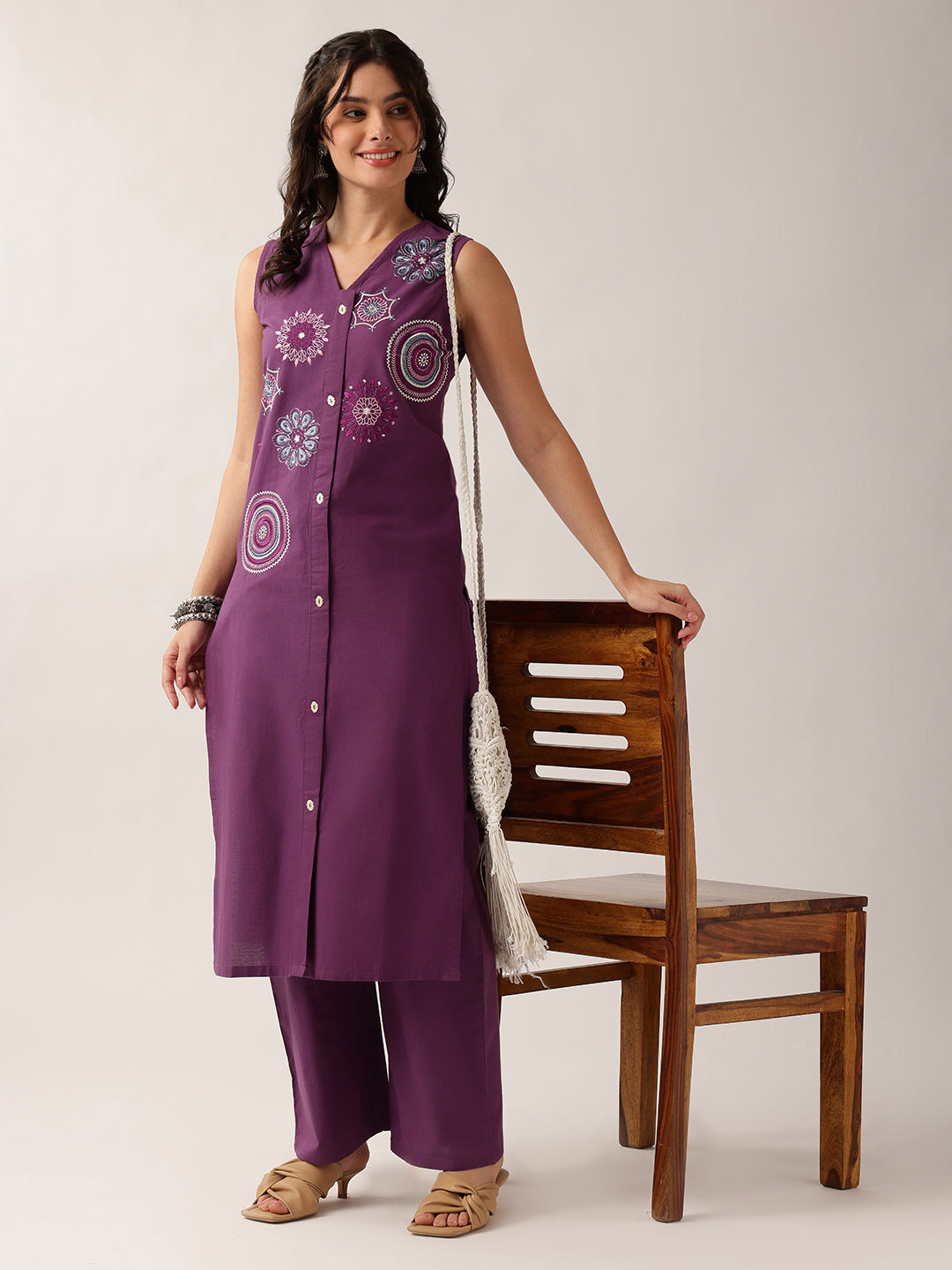 Purple Resham Embroidery Straight Cotton Kurta With Palazzo