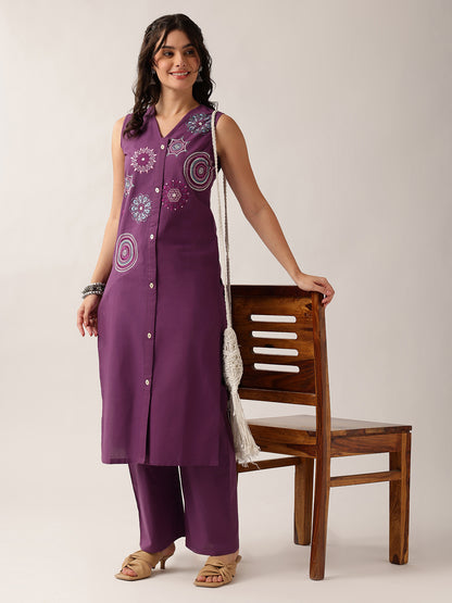 Purple Resham Embroidery Straight Cotton Kurta With Palazzo