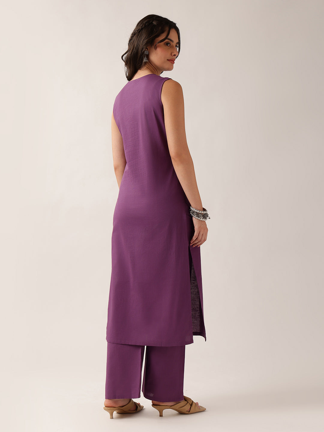 Purple Resham Embroidery Straight Cotton Kurta With Palazzo