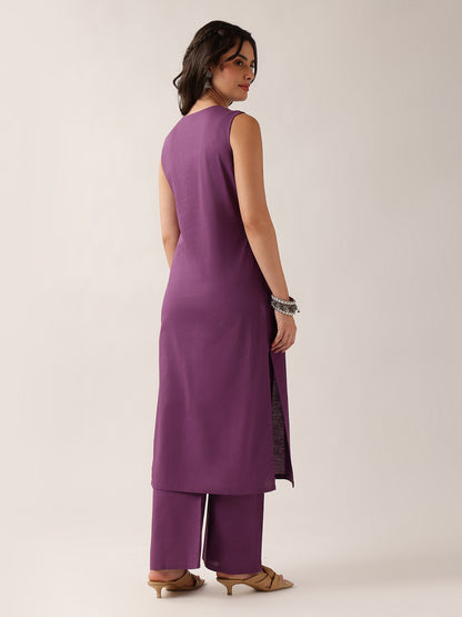 Purple Resham Embroidery Straight Cotton Kurta With Palazzo