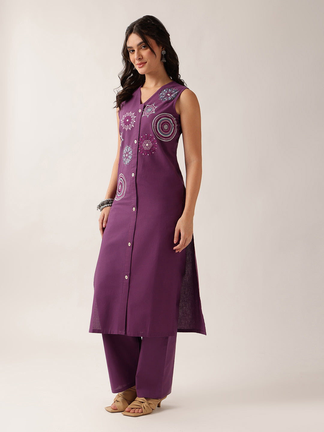 Purple Resham Embroidery Straight Cotton Kurta With Palazzo