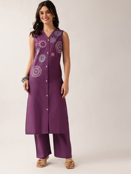 Purple Resham Embroidery Straight Cotton Kurta With Palazzo