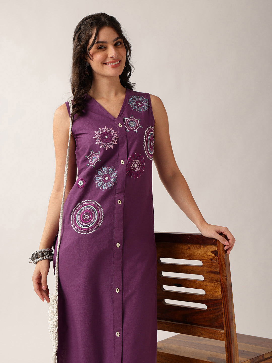 Purple Resham Embroidery Straight Cotton Kurta With Palazzo