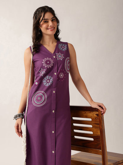 Purple Resham Embroidery Straight Cotton Kurta With Palazzo