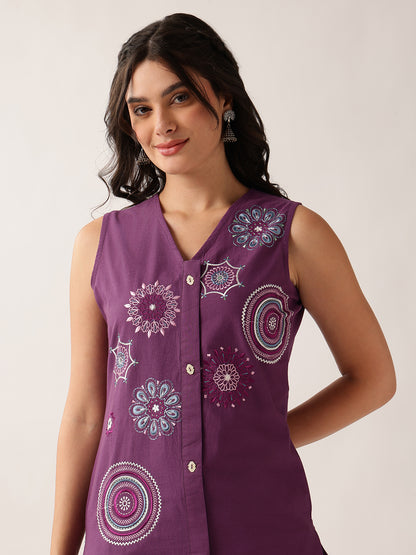 Purple Resham Embroidery Straight Cotton Kurta With Palazzo