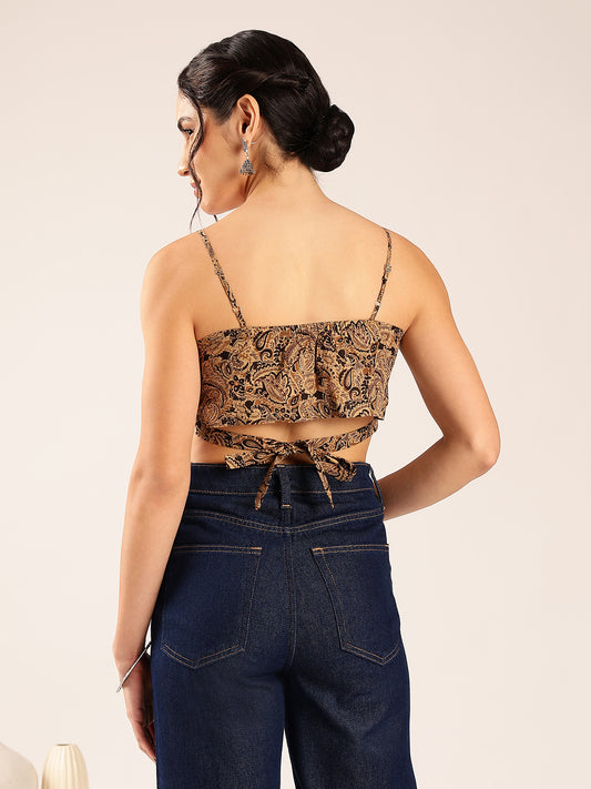 Beige Paisley Straight Cotton Stitched Crop Top