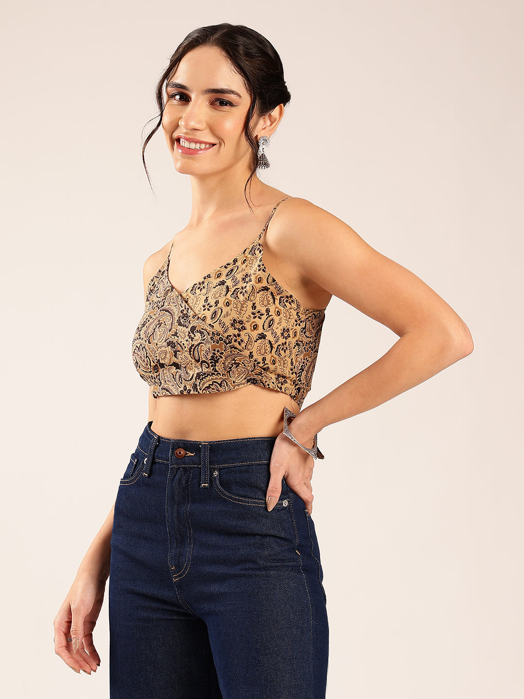 Beige Paisley Straight Cotton Stitched Crop Top