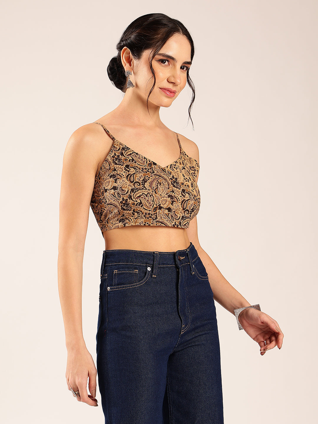 Beige Paisley Straight Cotton Stitched Crop Top