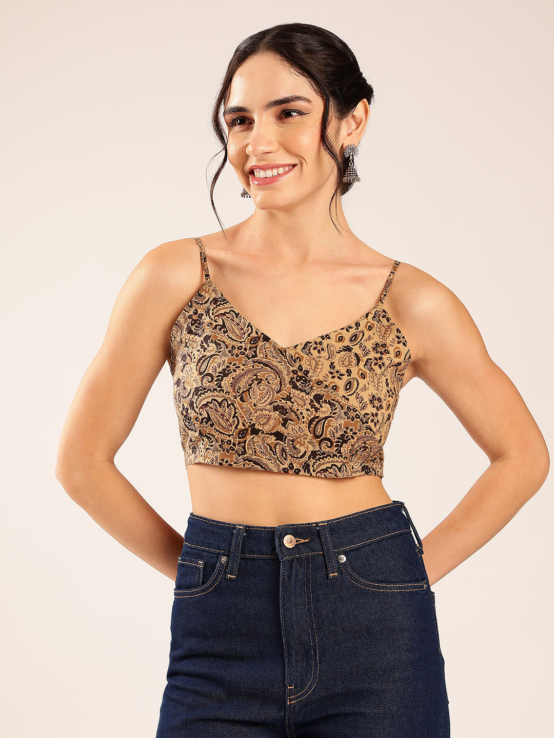 Beige Paisley Straight Cotton Stitched Crop Top