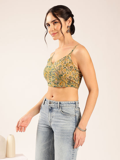 Green Floral Straight Cotton Stitched Crop Top