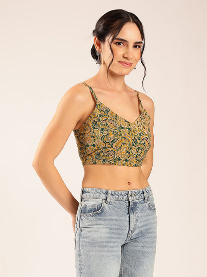 Green Floral Straight Cotton Stitched Crop Top