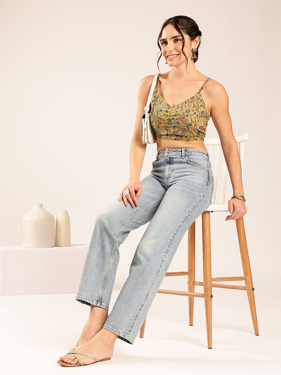 Green Floral Straight Cotton Stitched Crop Top