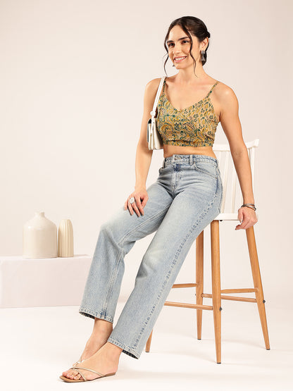 Green Floral Straight Cotton Stitched Crop Top