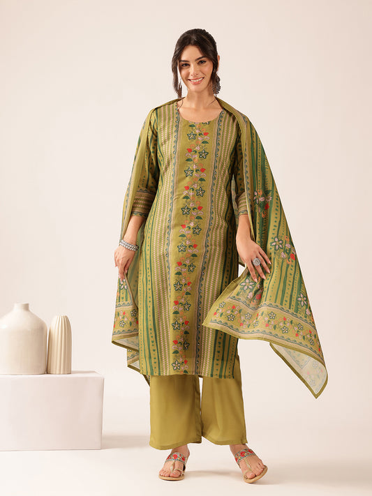 Mehendi Green Floral Straight Mul Cotton Kurta Set