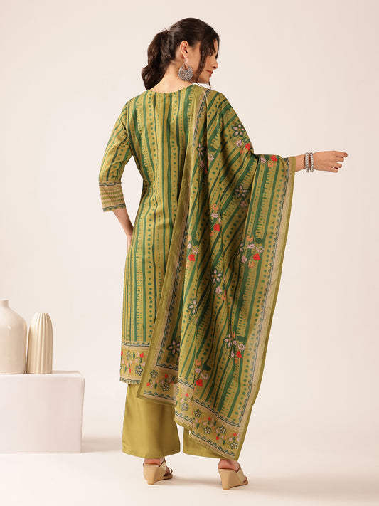 Mehendi Green Floral Straight Mul Cotton Kurta Set