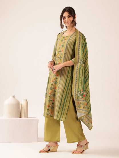 Mehendi Green Floral Straight Mul Cotton Kurta Set