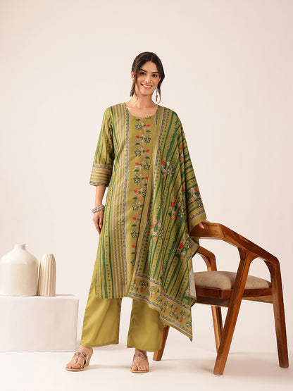 Mehendi Green Floral Straight Mul Cotton Kurta Set