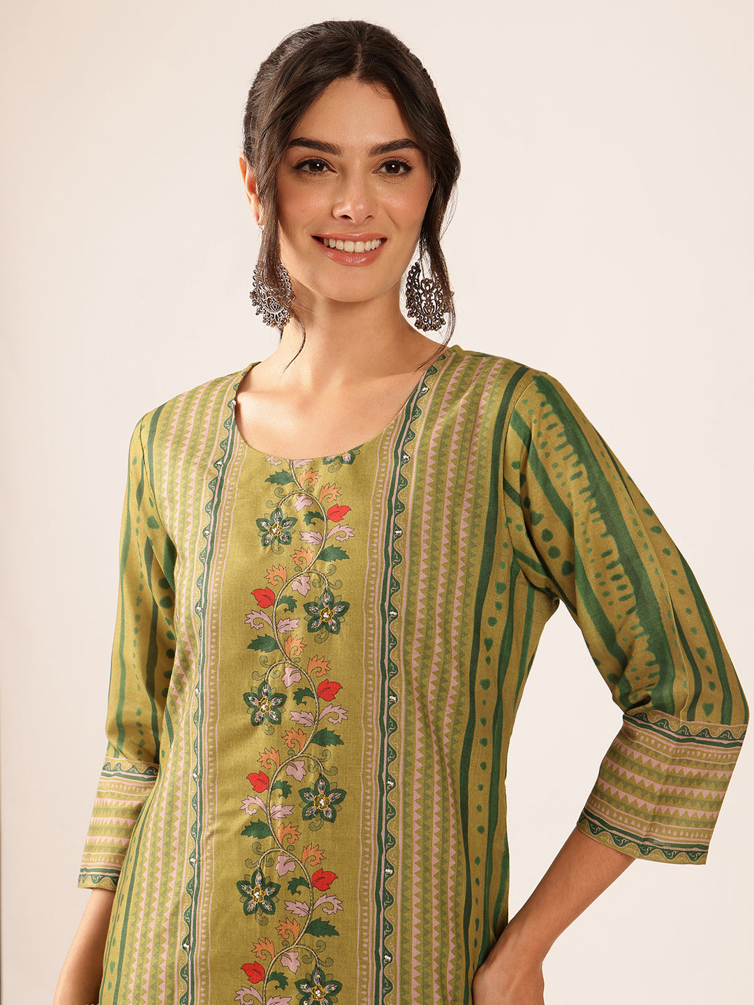 Mehendi Green Floral Straight Mul Cotton Kurta Set