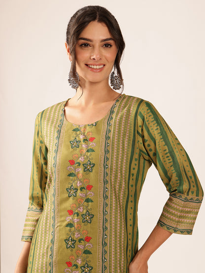 Mehendi Green Floral Straight Mul Cotton Kurta Set