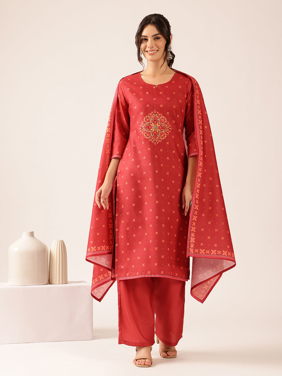 Rust Red Block Print Straight Mul Cotton Stitched Kurta set
