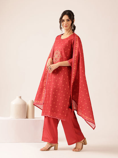 Rust Red Block Print Straight Mul Cotton Stitched Kurta set