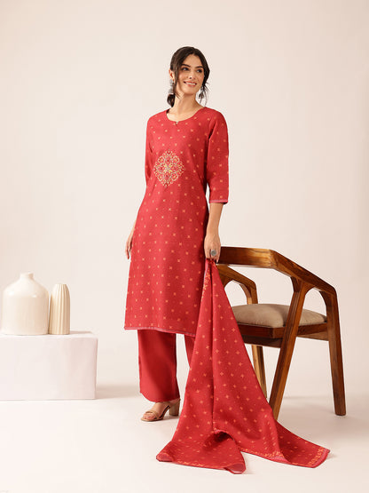 Rust Red Block Print Straight Mul Cotton Stitched Kurta set