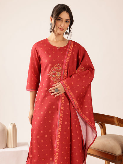 Rust Red Block Print Straight Mul Cotton Stitched Kurta set