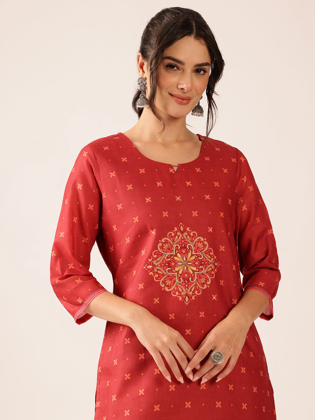 Rust Red Block Print Straight Mul Cotton Stitched Kurta set