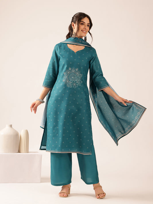 Teal Blue Block Print Straight Mul Cotton Stitched Kurta Set