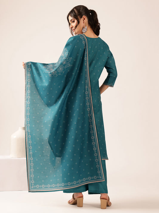 Teal Blue Block Print Straight Mul Cotton Stitched Kurta Set