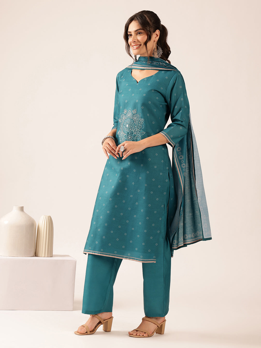 Teal Blue Block Print Straight Mul Cotton Stitched Kurta Set