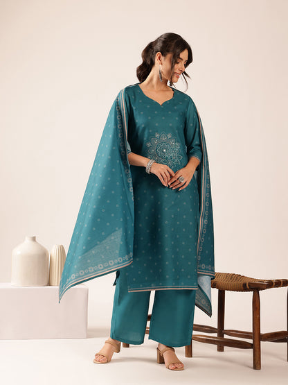 Teal Blue Block Print Straight Mul Cotton Stitched Kurta Set