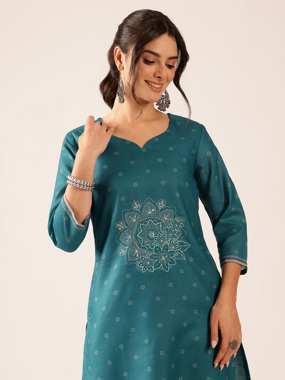 Teal Blue Block Print Straight Mul Cotton Stitched Kurta Set